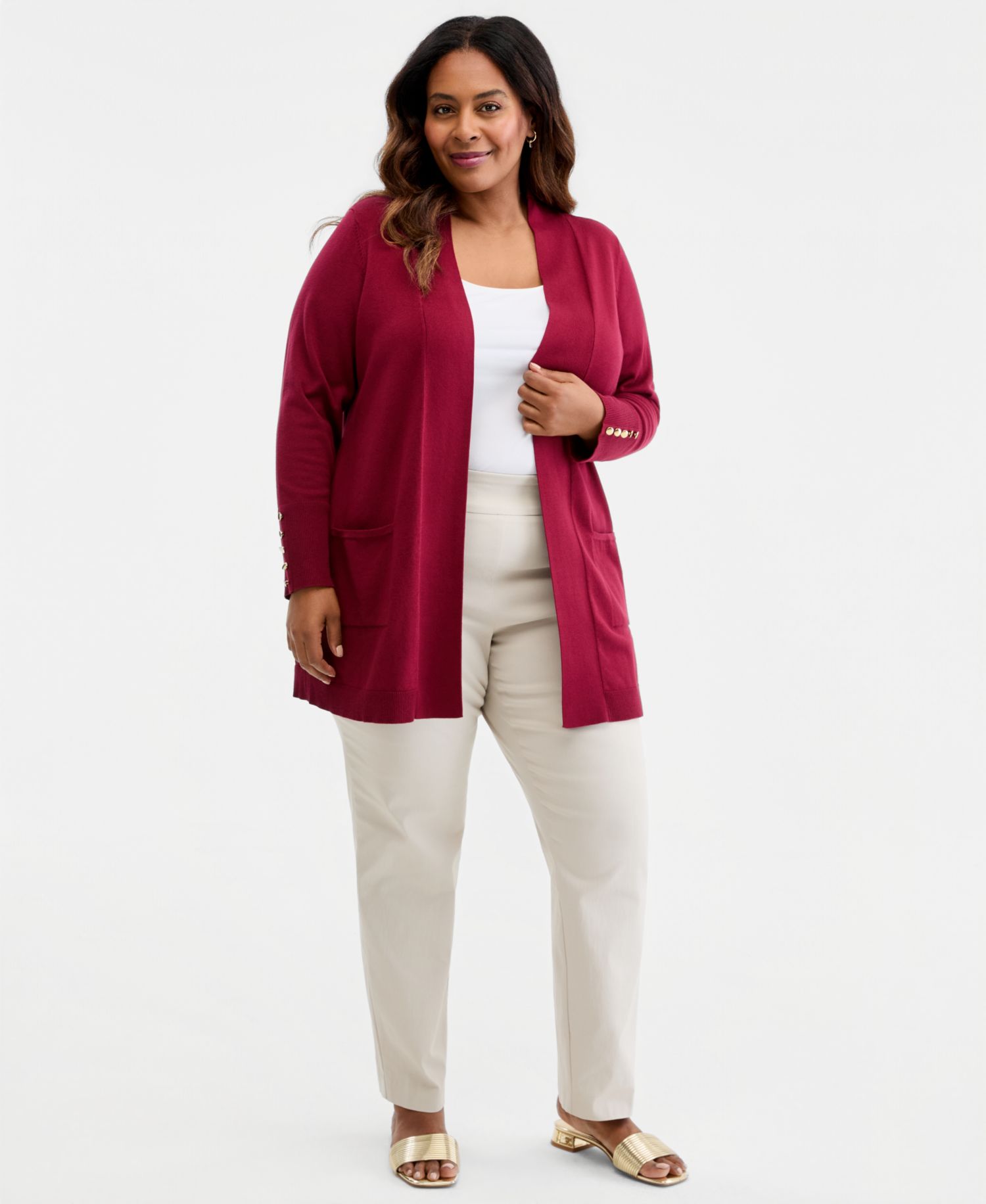 Petite Open-Front Button-Cuff Cardigan Sweater