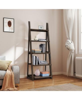 Ladder Bookshelf - 5-Tier Rubber Wood Frame Bookcase, Storage Rack for Living Room, Home Office