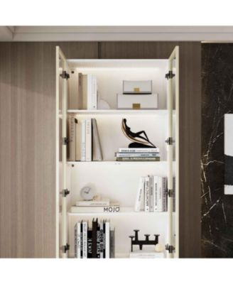 Display Cabinet with 2 Glass Doors and Lights, 4-Tier Storage Shelves and 2 Drawers