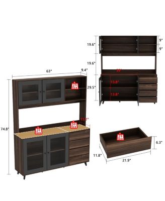 Large Kitchen Hutch Cabinet, Storage Cupboard Pantry with 4 Glass Doors, 4 Drawers and Microwave Shelf, Buffet,Sideboard
