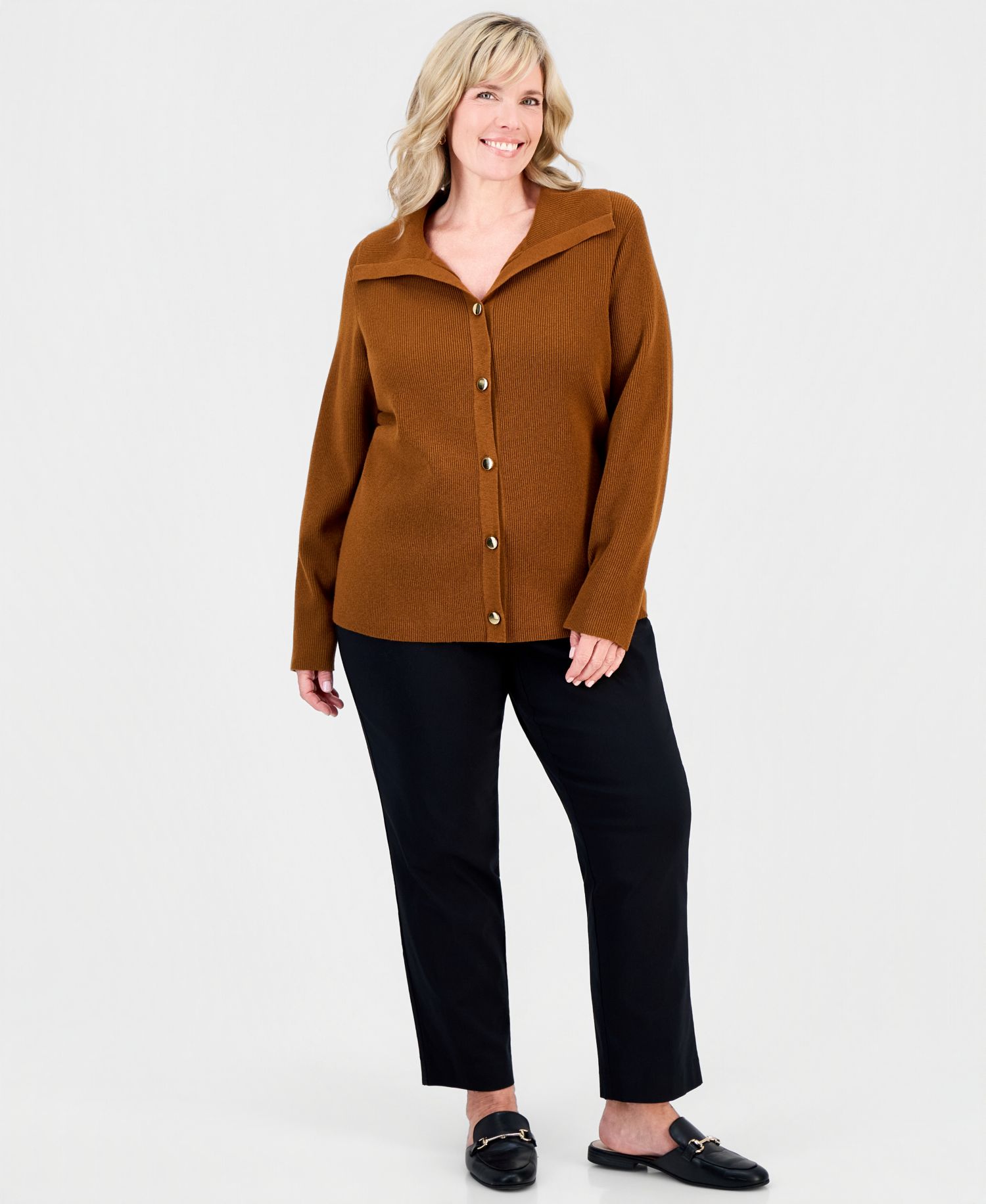 Petite Collared Long-Sleeve Button Cardigan