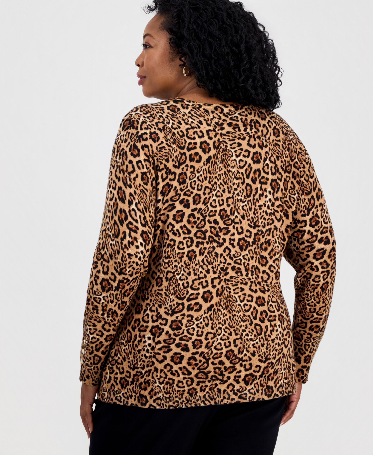 Petite Bold Leopard Long-Sleeve Crewneck Sweater