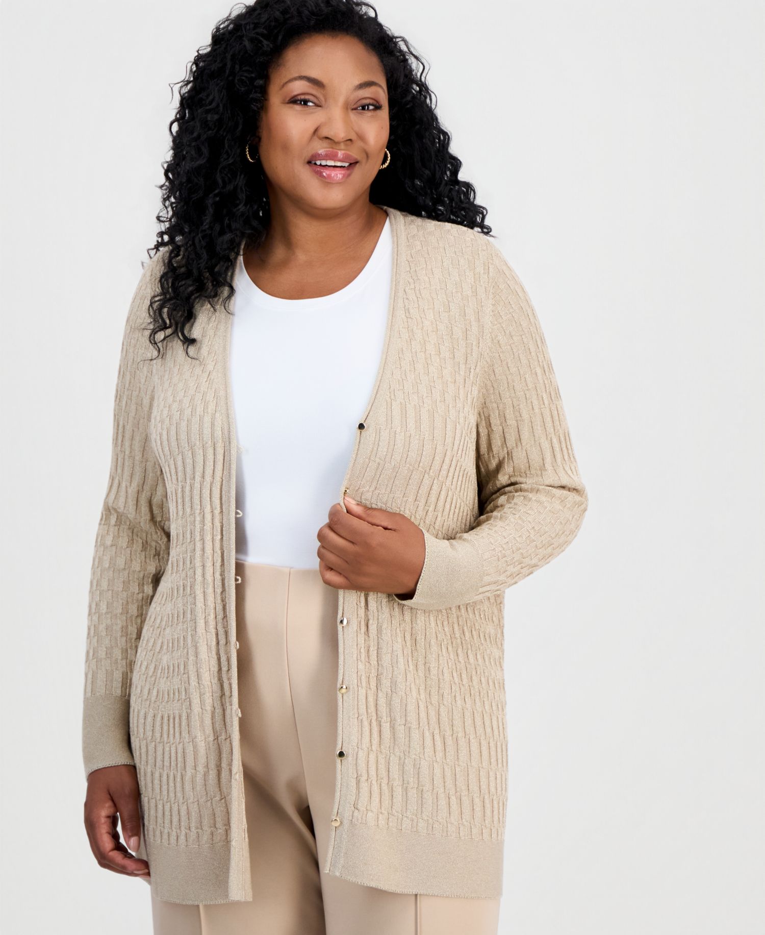 Plus Size Metallic-Threaded Textured Cardigan