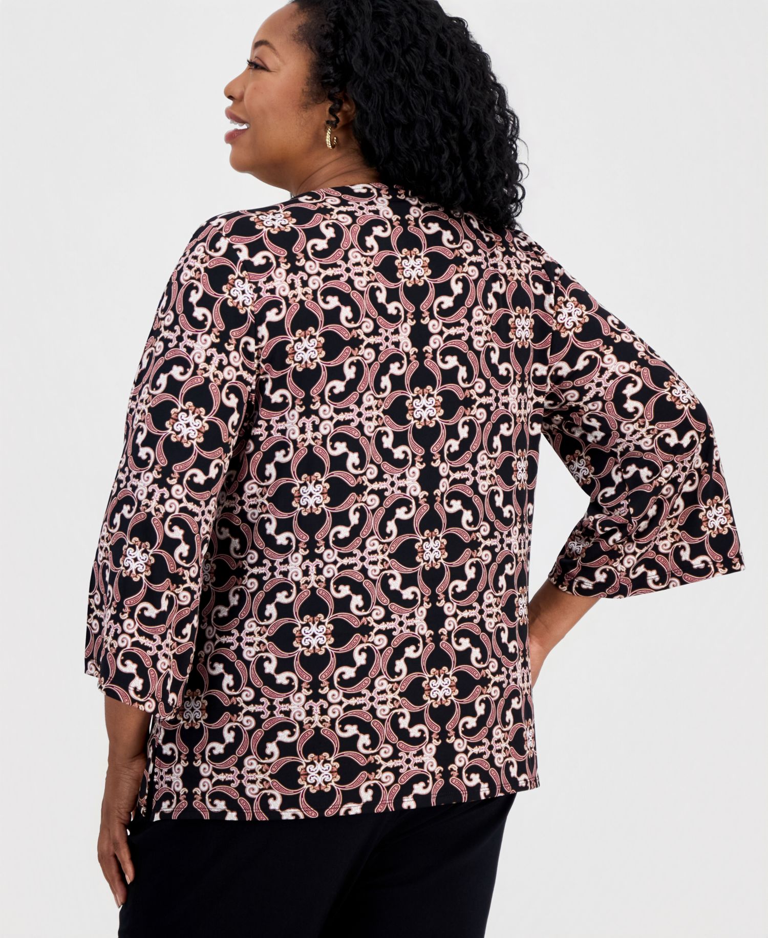 Petite Paisley Scarf V-Neck 3/4-Sleeve Blouse