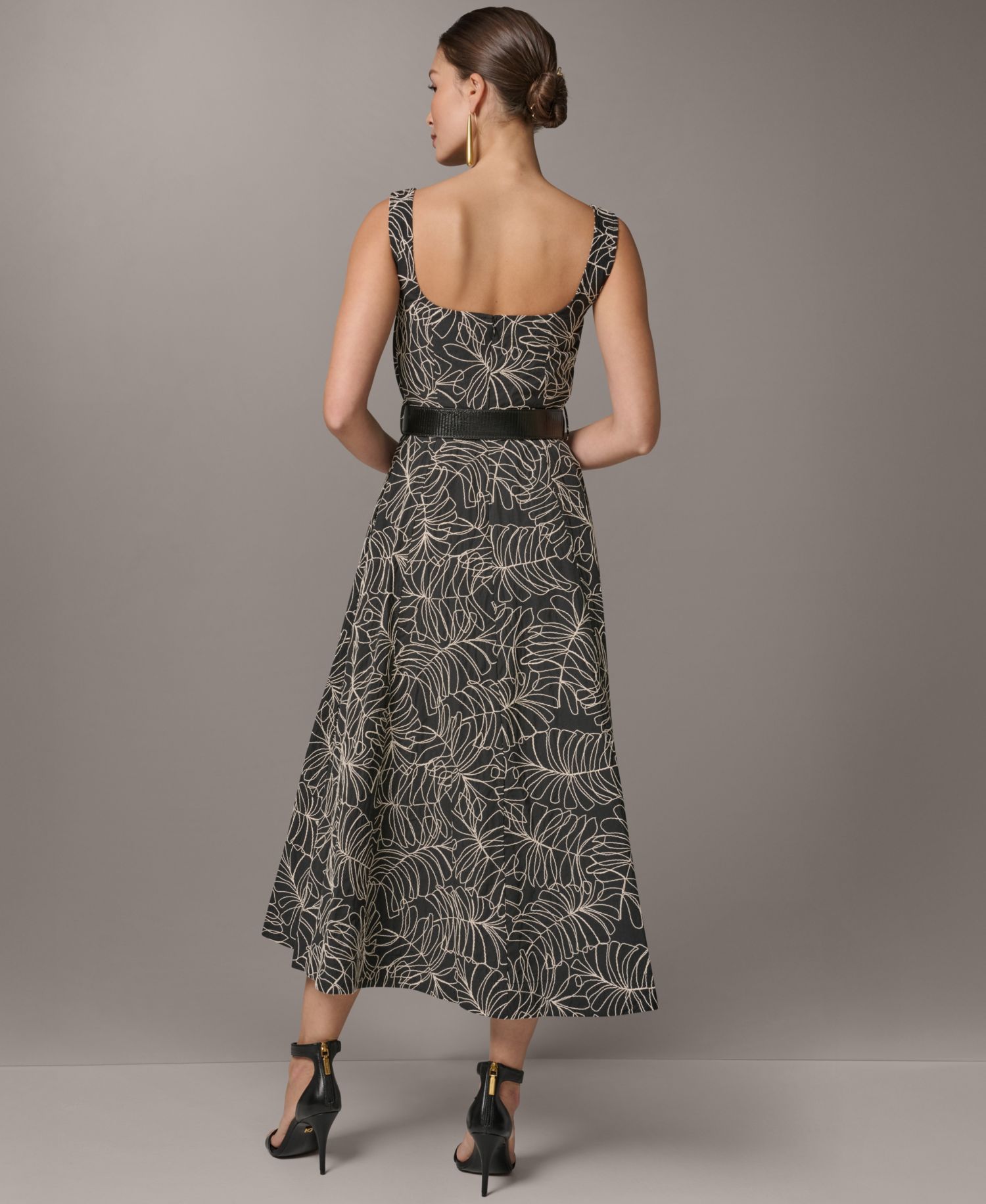 Women's Square Neck A-Line Midi Dress with Polyurethane Belt