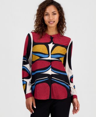 Women's Printed Split-Neck Button Tunic Blouse