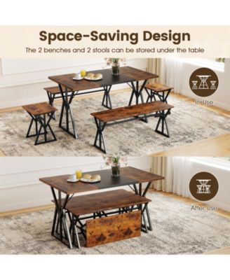 5-Piece Industrial Dining Room Set Rectangular Kitchen Table with 2 Benches and 2 Stools