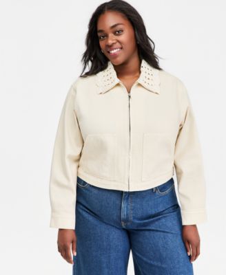 Plus Crochet Collar Cropped Denim Jacket
