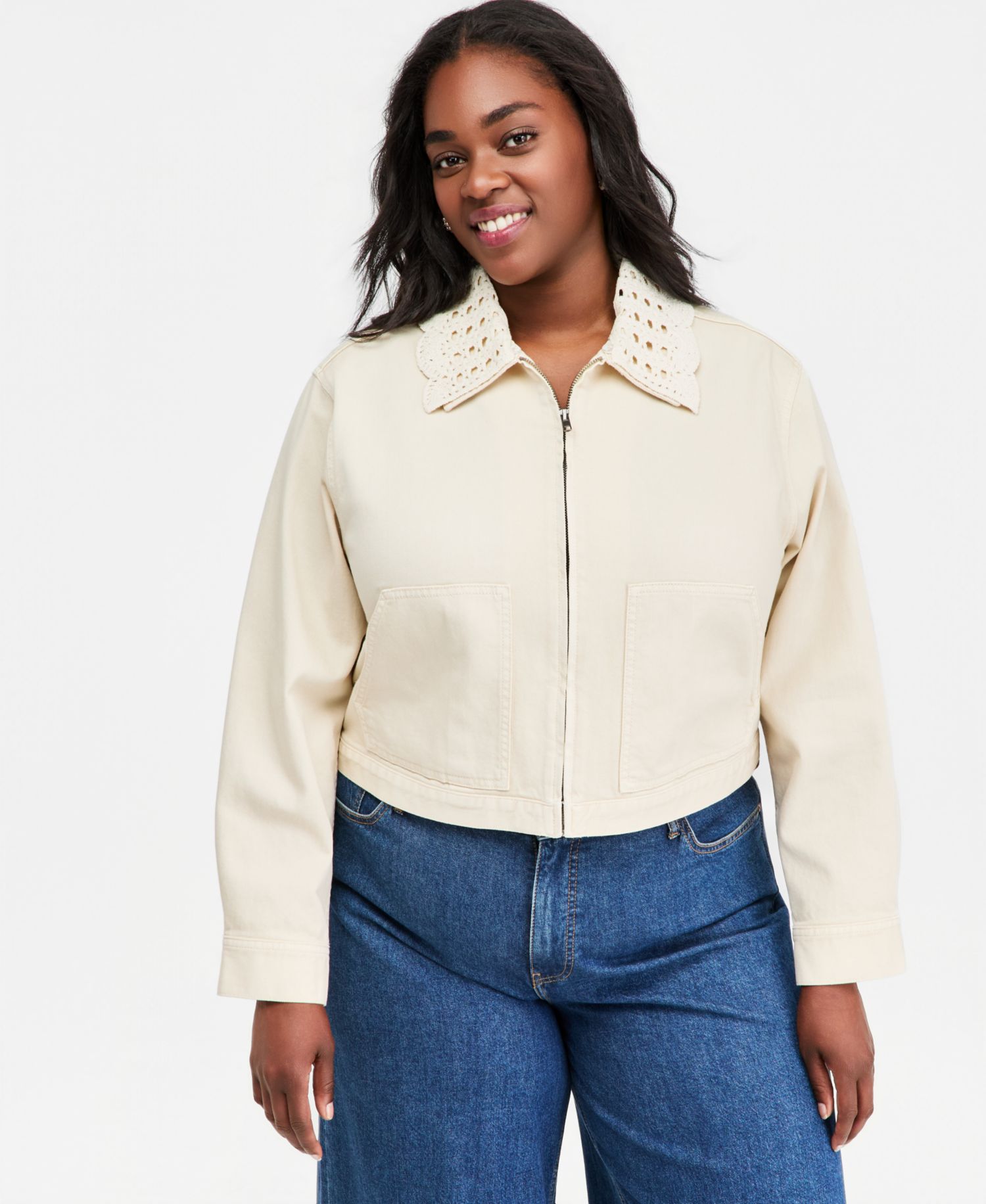 Plus Crochet Collar Cropped Denim Jacket