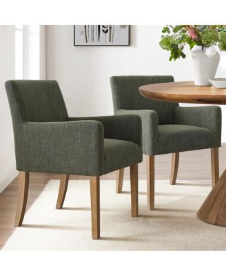 Set of 2 Linen Upholstered Dining Arm Chairs, Solid Wood Legs