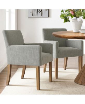Set of 2 Linen Upholstered Dining Arm Chairs, Solid Wood Legs
