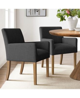 Set of 2 Linen Upholstered Dining Arm Chairs, Solid Wood Legs