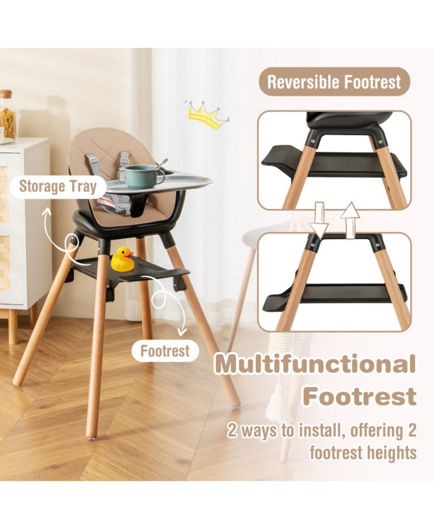 Baby 6-in-1 Beech Wood Convertible High Chair with Adjustable Footrest and Double Tray