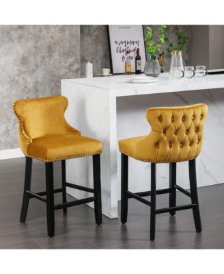 Velvet Wingback Bar Stools Set of 2, Counter Height Chairs with Solid Wood Legs, Button Tufted and Nailhead Trim for Kitchen Island