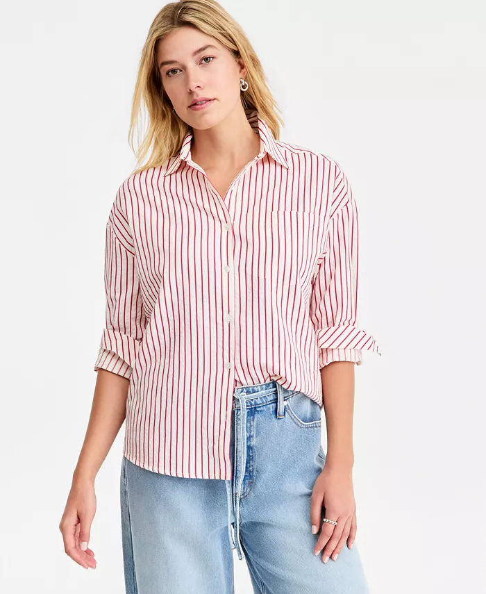 Women's Textured Seersucker Striped Button-Front Shirt