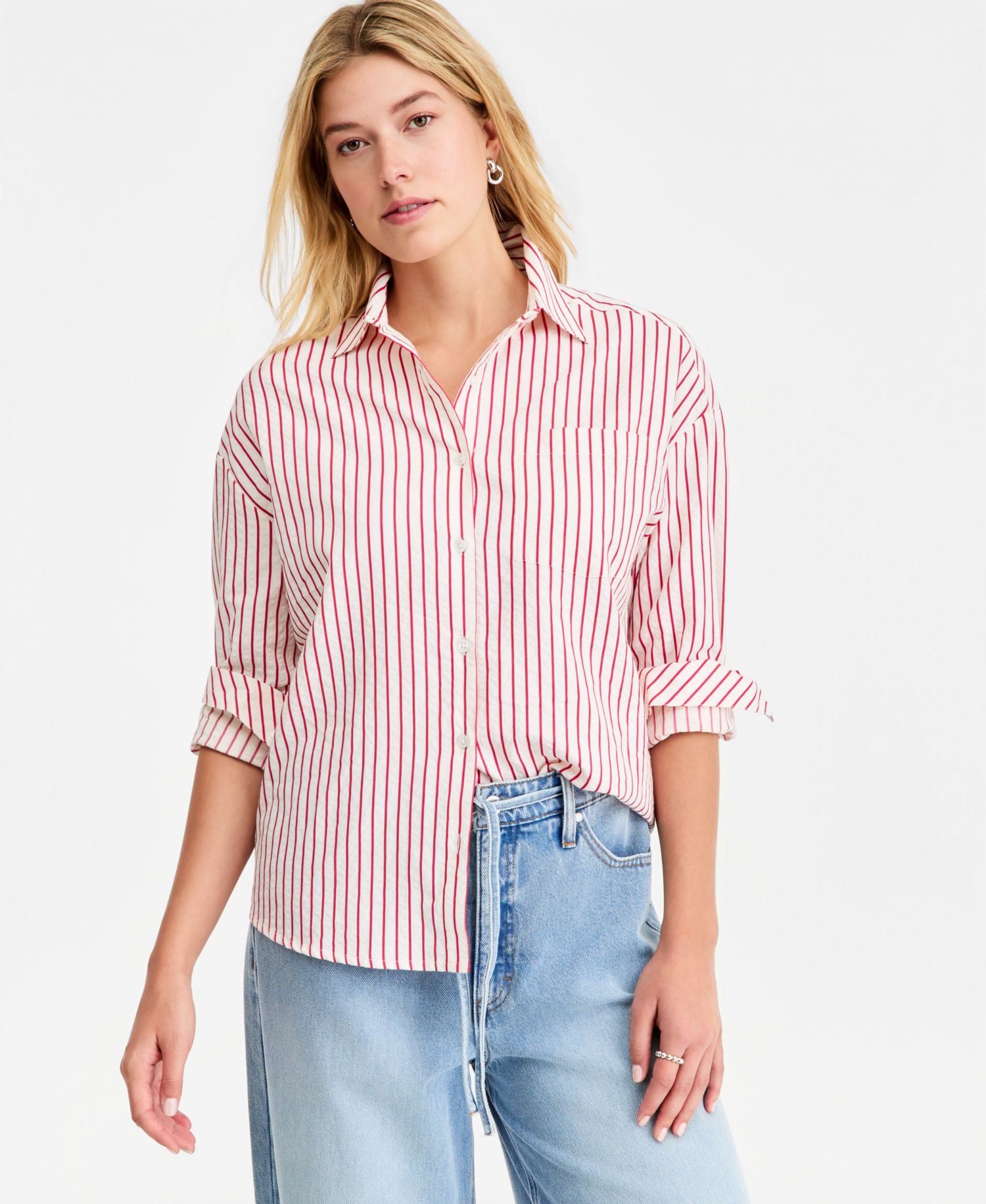 Women's Textured Seersucker Striped Button-Front Shirt