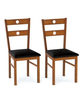 Rubber Wood Dining Chairs Set of 2 with Hollowed Backrest and PU Leather Seat