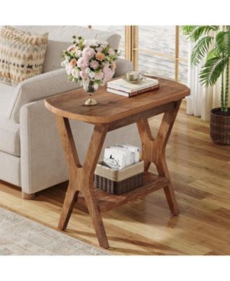 Solid Wood Side Table, 2-Tier End Table with Storage, Farmhouse Nightstand for Small Spaces