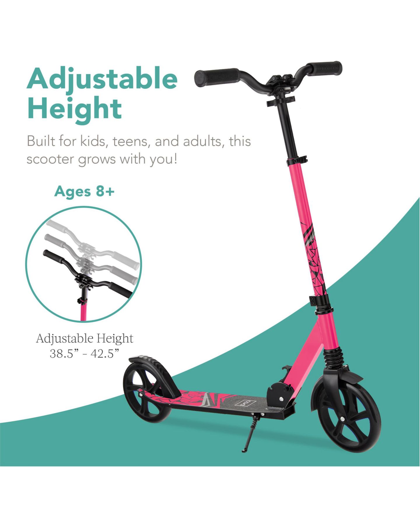 Детская игрушка Best Choice Products Height Adjustable Folding Kick Scooter with Kickstand, 220 lbs. Capacity, Ages 8+, цвет: Розовый — фото 5
