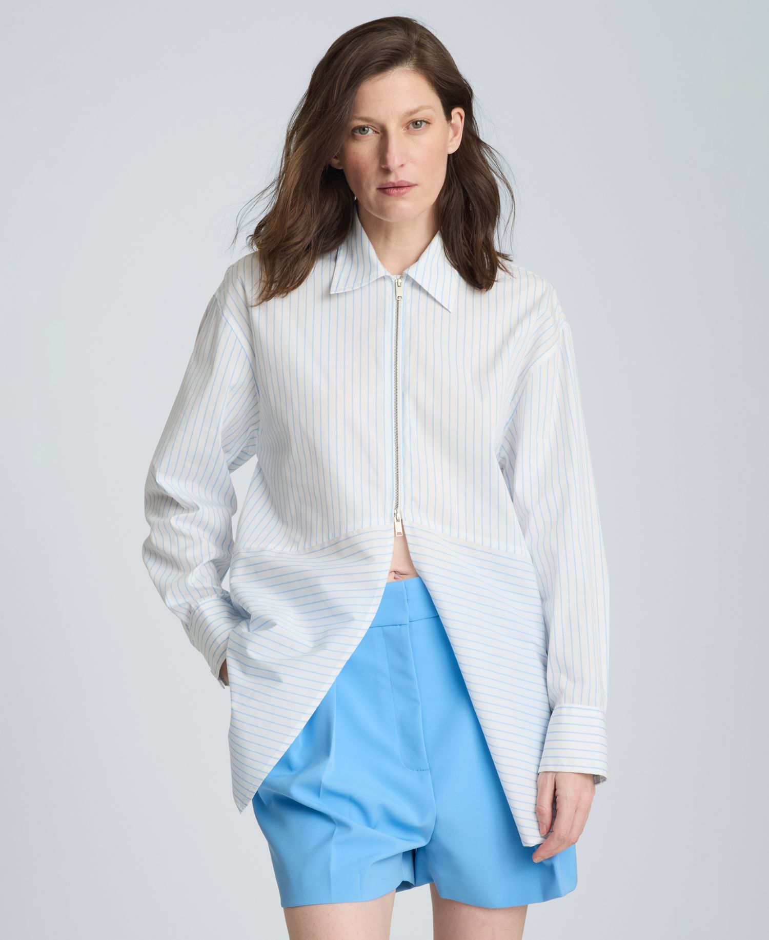 Women's Half Zip Front Paneled Long Sleeve Poplin Shirt