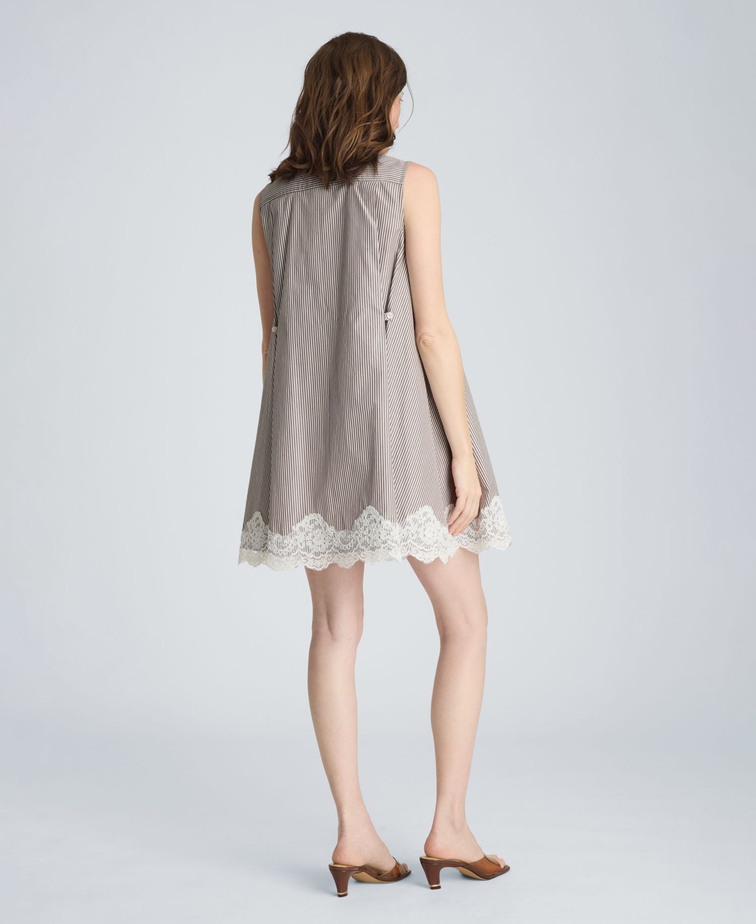 Women's Striped Collared Neck Swing Shirt Dress with Lace Trim