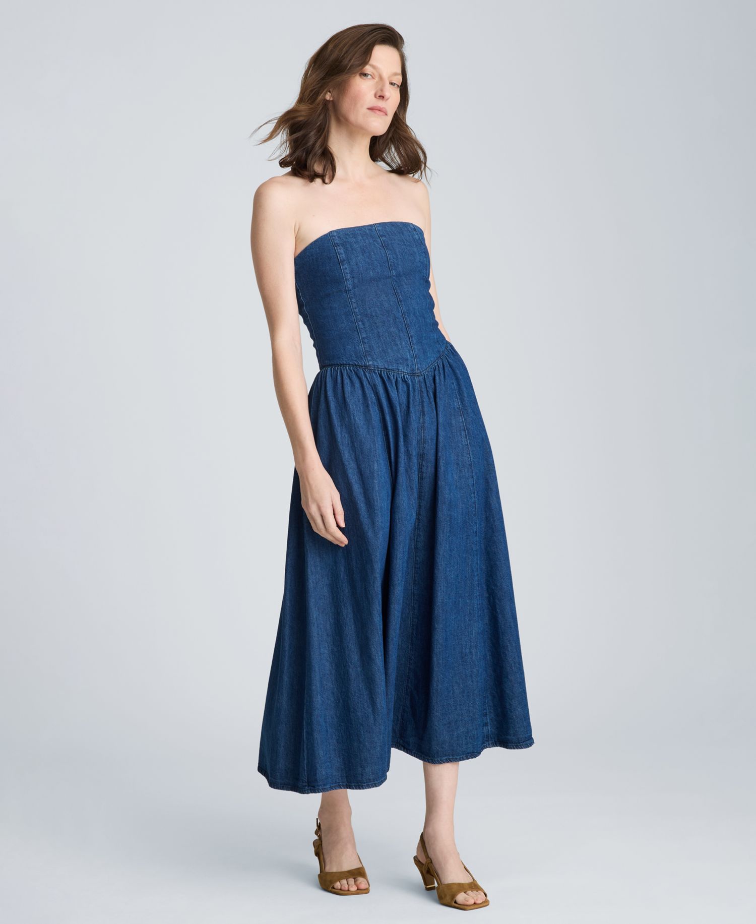 Women's Strapless Bustier Denim Midi Dress