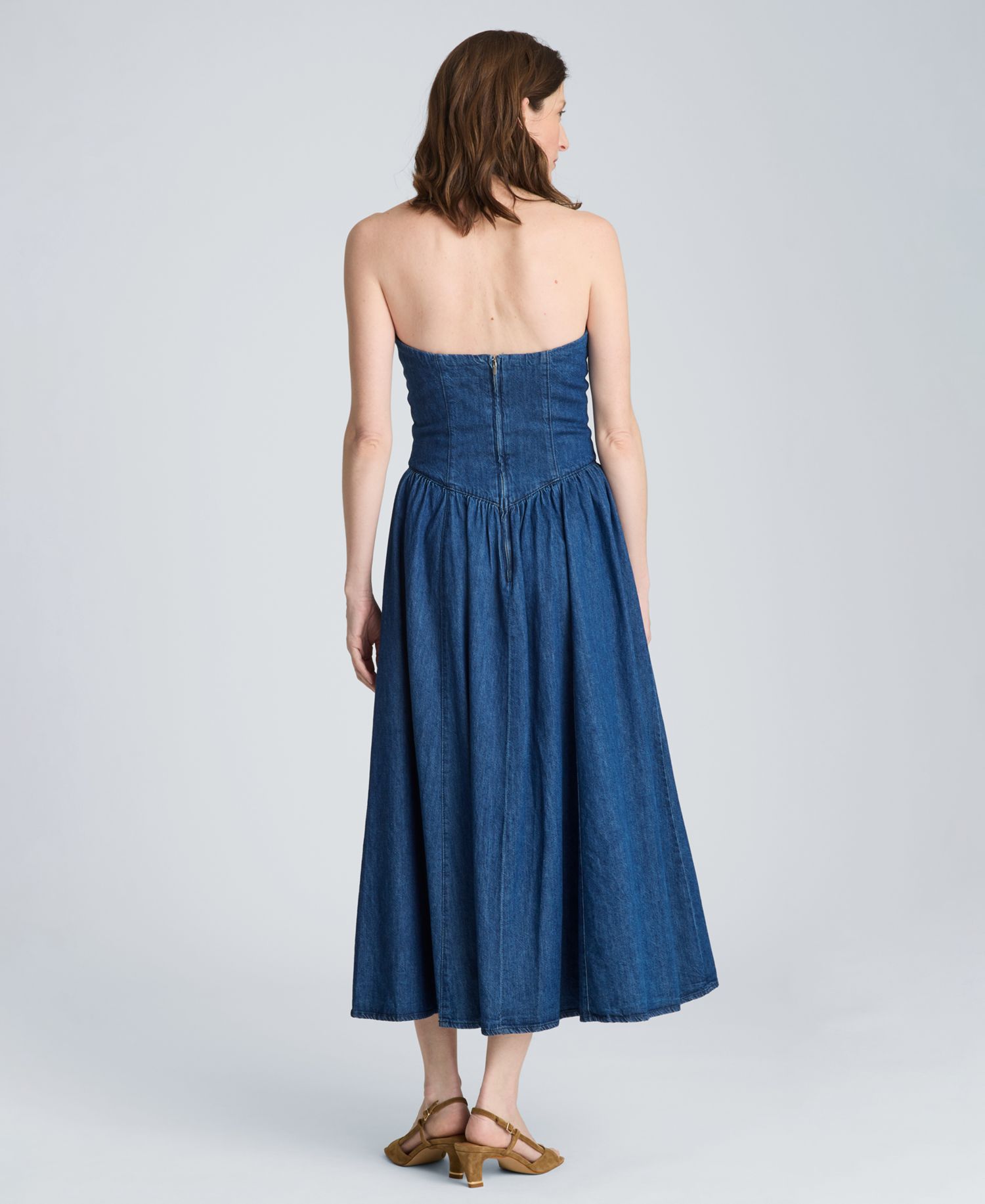 Women's Strapless Bustier Denim Midi Dress