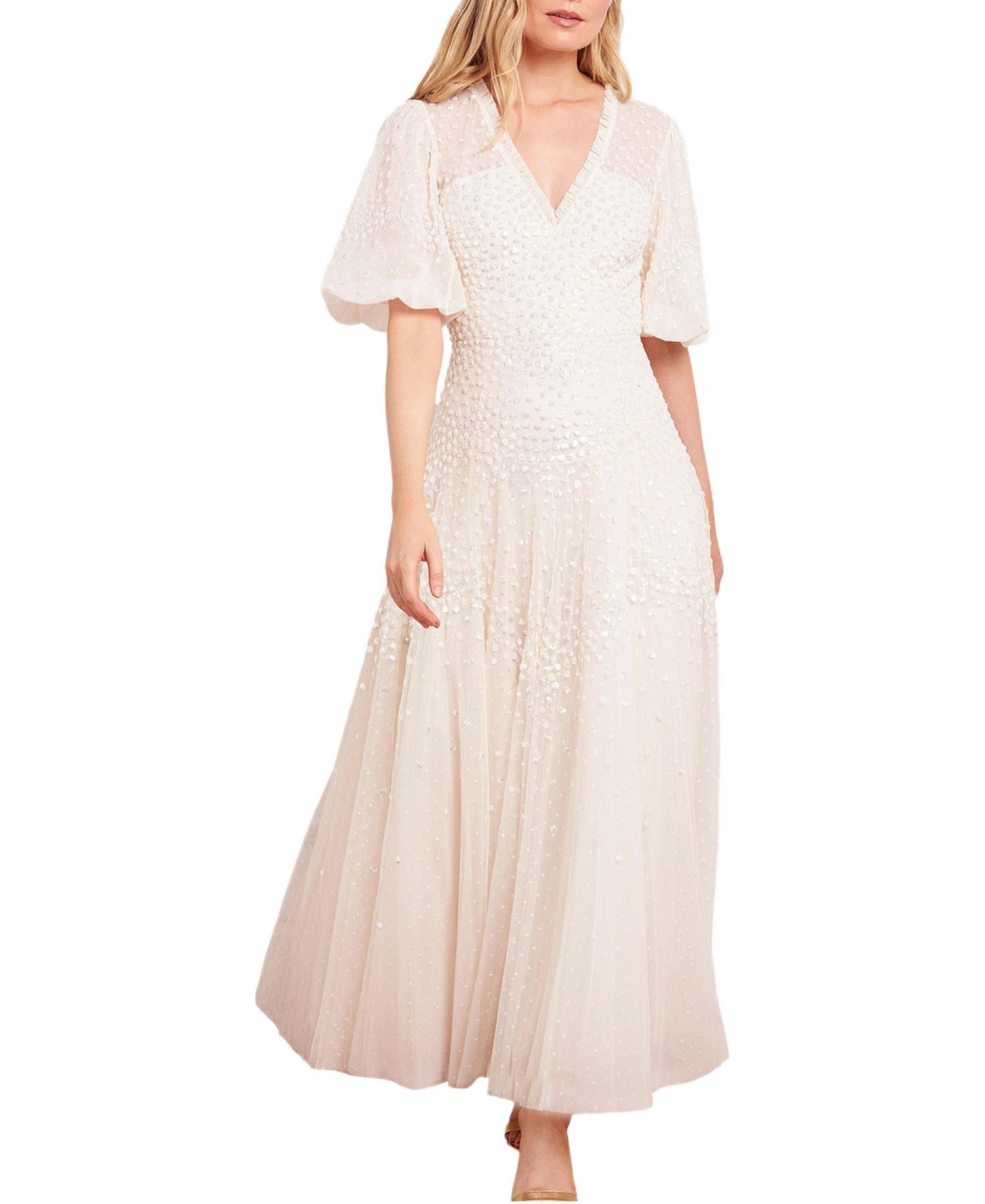 Women's Scallop Sequin V-neck Ankle Gown