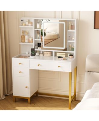 Modern Vanity Desk with LED Mirror, 3-Color Lighting, Power and USB Ports, Drawers and Cabinet, Makeup Table for Bedroom