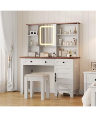 Farmhouse Makeup Vanity Desk with Lighted Mirror, Glass Top, Power Outlet, Upholstered Stool, Storage Drawers and Shelves