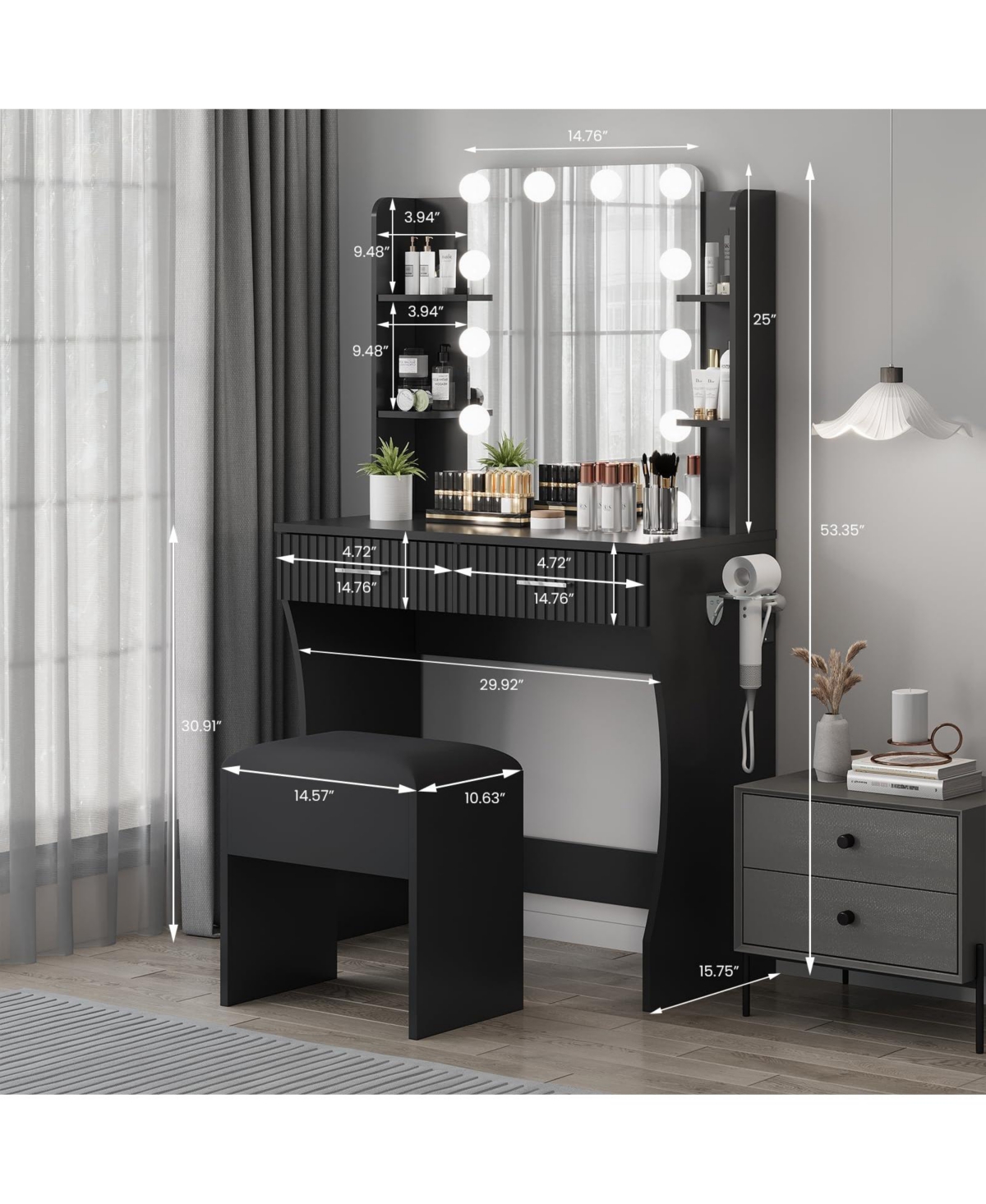 Homfan Makeup Vanity Desk with Mirror 12 Led Lights, Power Outlet, 2 Drawers, 6 Shelves, Hair Dryer Holder and Stool for Bedroom