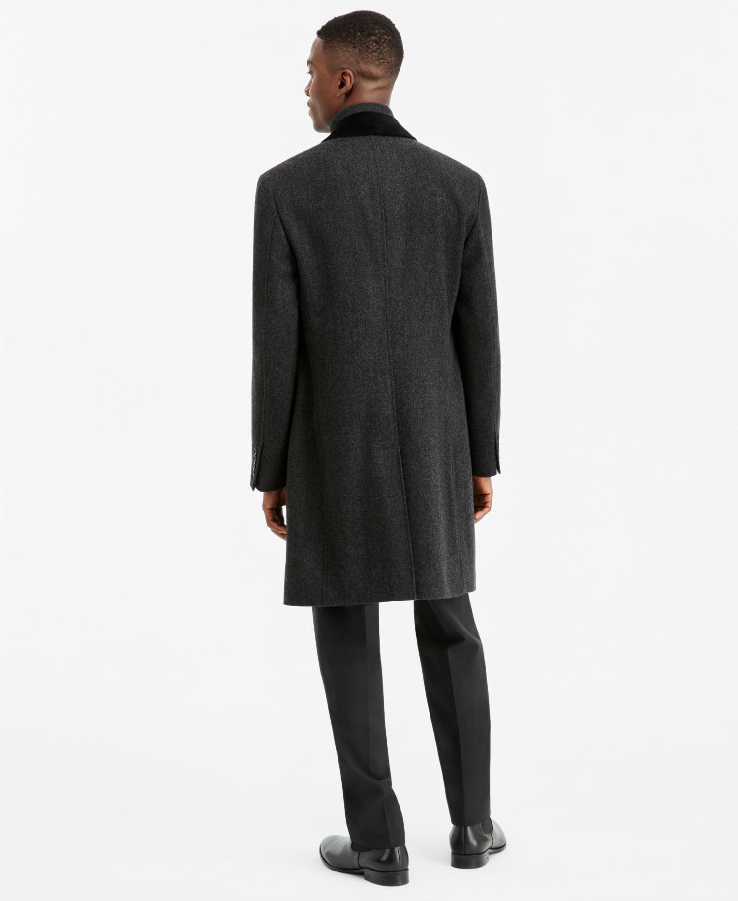 Men's Modern-Fit Herringbone Charcoal Overcoat