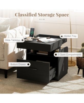 2-Piece Nightstand with Charging Station Drawer Sliding Top Storage Tray Open Shelves