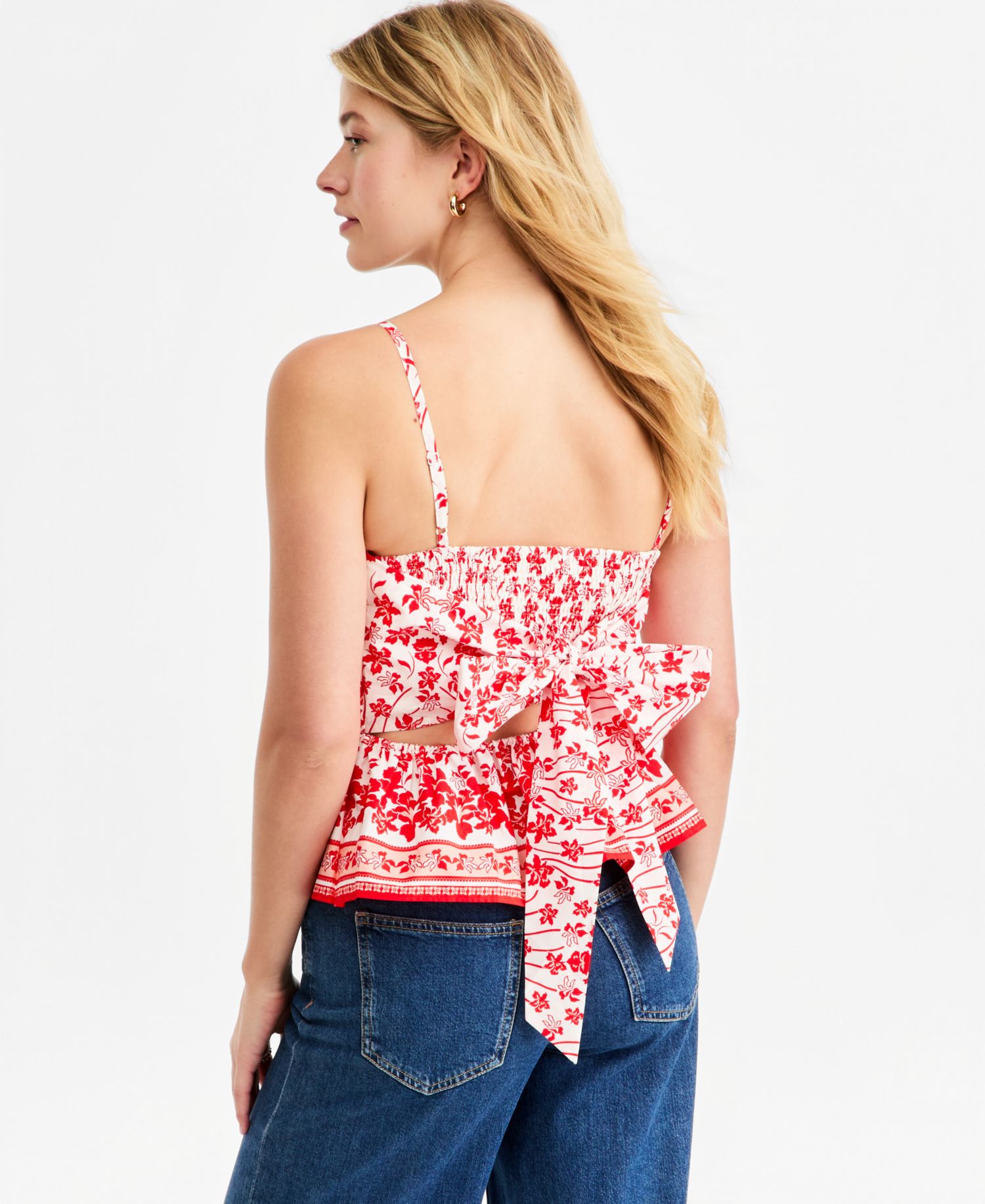 Women's Printed Cotton Tie-Back Peplum Top