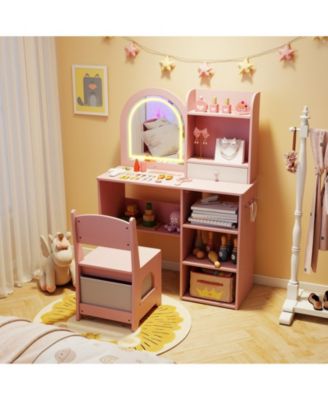 Kids Makeup Vanity Desk and Chair Set with 3-Color LED Mirror