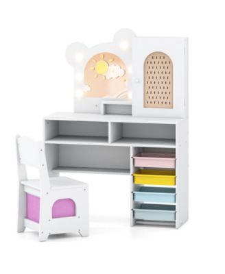 Kids Vanity Table and Chair Set with LED Lights and 5 Drawers