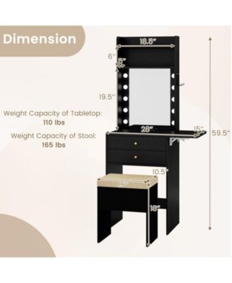 Compact Vanity Desk Set with 3-Color Lighted Mirror, Power Outlets and Stool