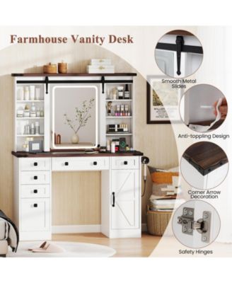 Farmhouse Vanity Desk with Barn-Style Sliding Mirror and 3 Lighting Modes