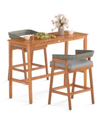 54 x 22 in Acacia Wood Counter Height Patio Bar Set with PE Rattan Barstools and Cushions