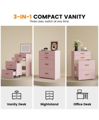 3-in-1 Compact Vanity Desk with Mirror and Adjustable LED Lights, Dressing Table Set with Storage and Rolling Chair, For Girls' Bedrooms