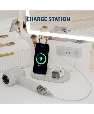 Corner Vanity, Corner Vanity Desk with Mirror and Lights, Fluted Makeup Table with Charging Station, Drawers, Storage Cabinets