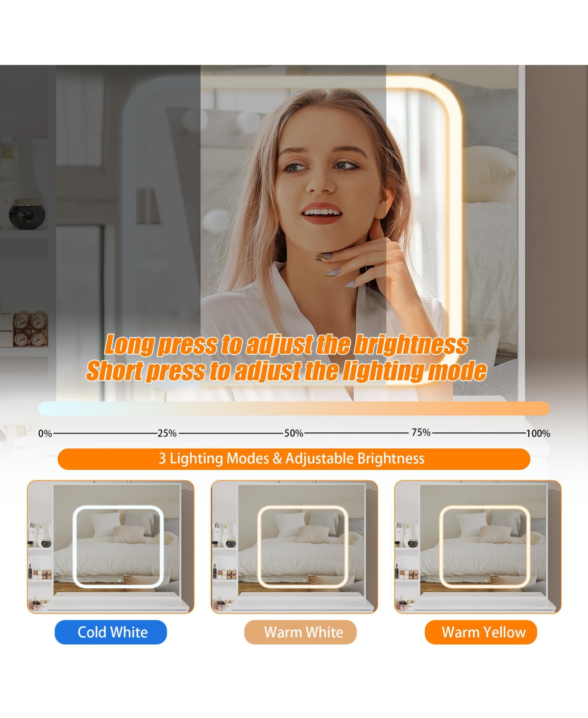 Homfan Modern Vanity Desk with Sliding Led Mirror, 4 Drawers, Power Outlet, Storage Shelves, Adjustable Lighting, Cushioned Stool