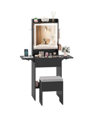 Space-Saving Vanity Desk with LED Mirror, Drop-Leaf Extension and Stool