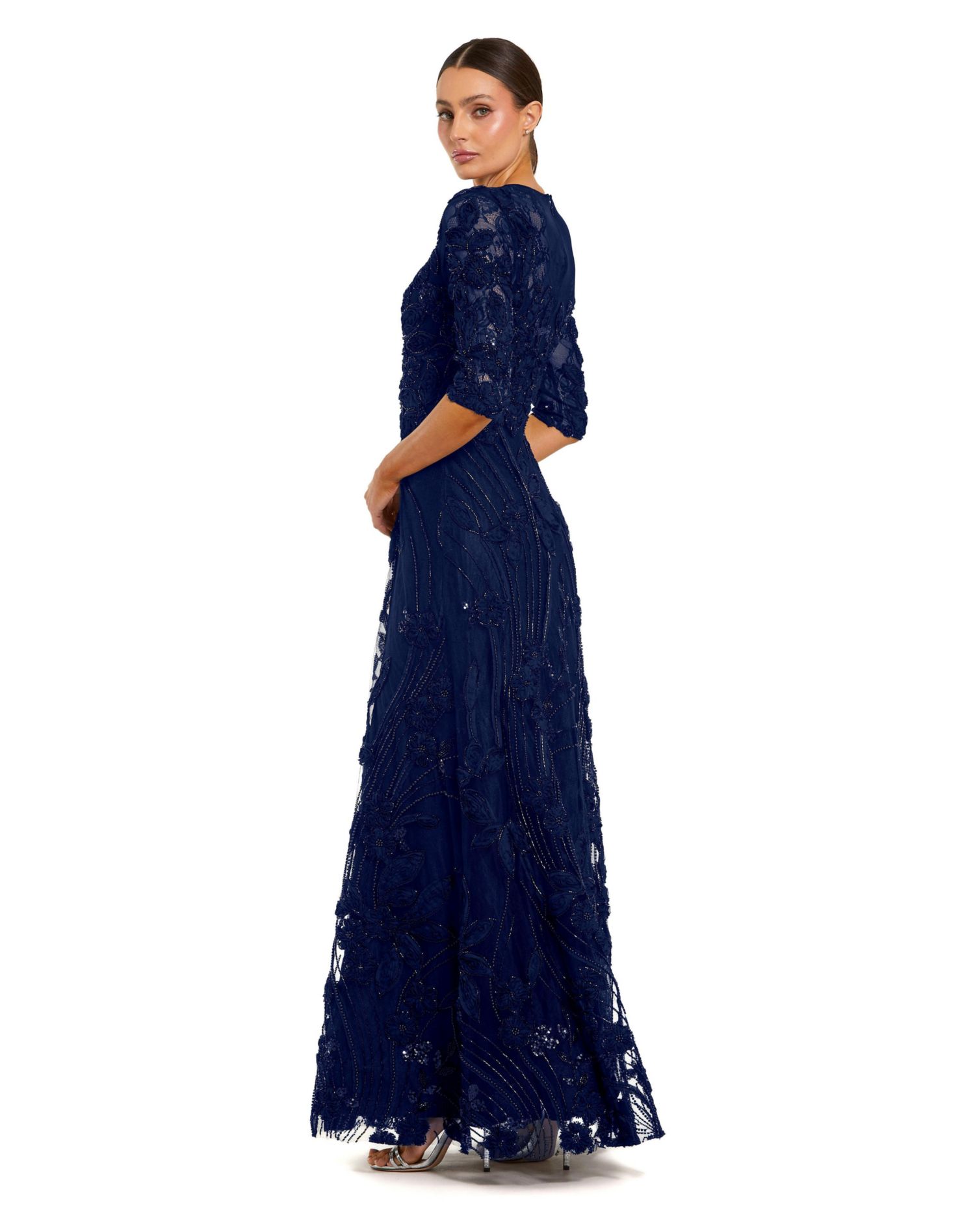 Petite High Neck Embellished Lace Gown with 3/4 Sleeves