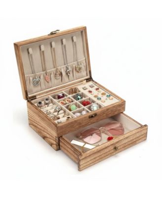 Rustic Wooden Jewelry Organizer Box for Women Farmhouse Style Solid Wood Linen Lined Multifunctional Holder