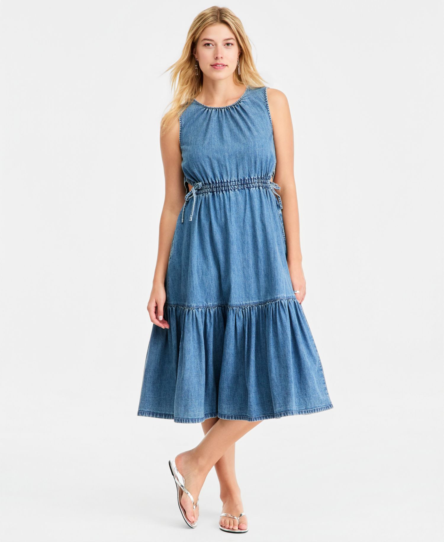 Women's Denim Tiered Cutout Midi Dress