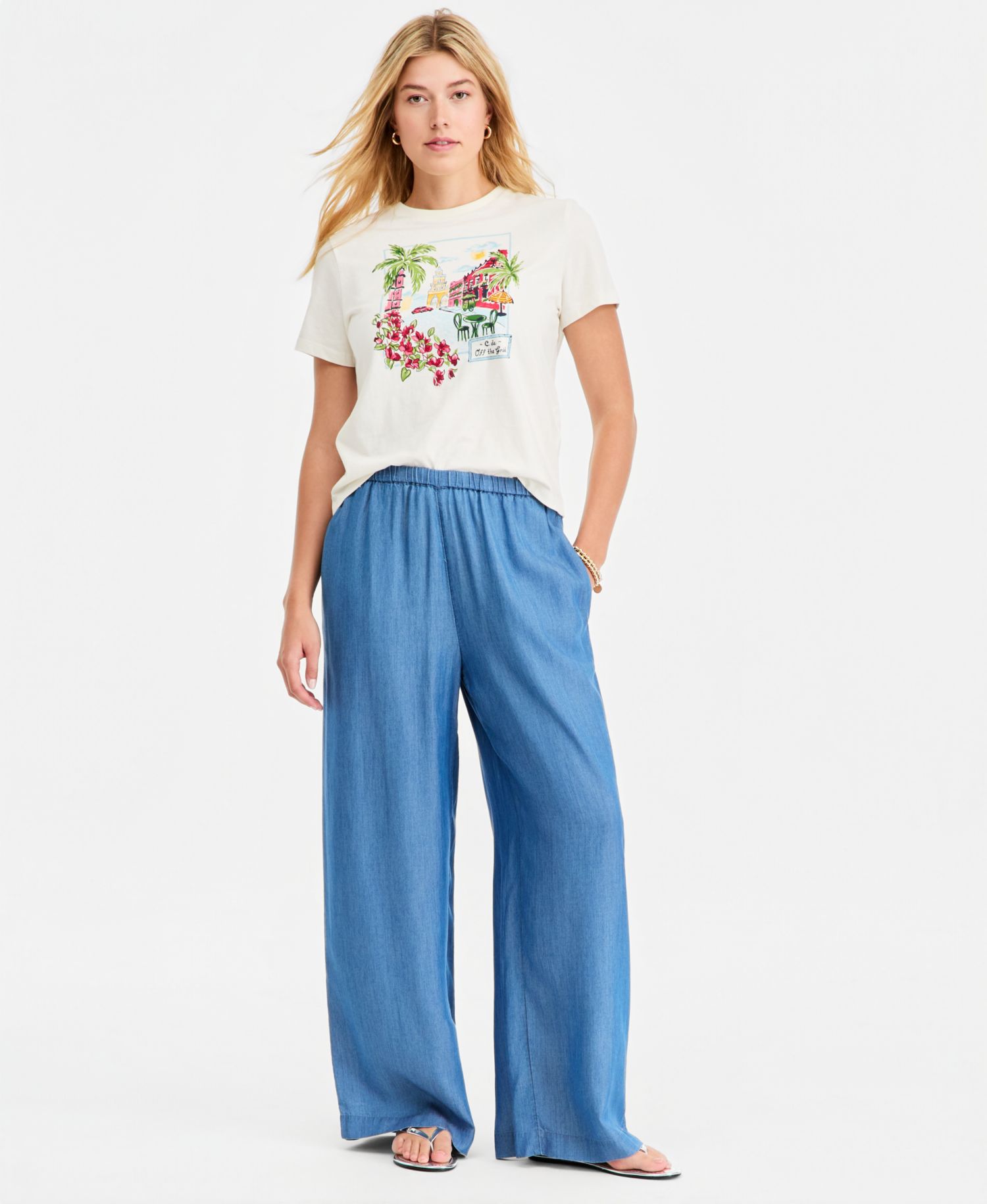 Women's Chambray Pull-On Wide-Leg Pants