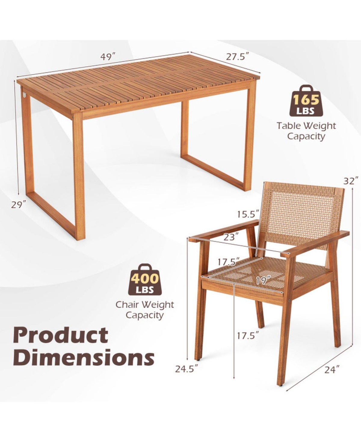 Gouun 5-Piece Boho Patio Dining Set with Acacia Wood Table and 4 Pe Rattan Stackable Chairs