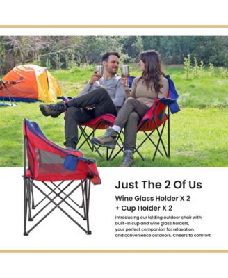  Portable Folding Double Duo Camping Chair Loveseat Couch w/ 2 Cup and Wine Glass Holders, Supports 650 lbs