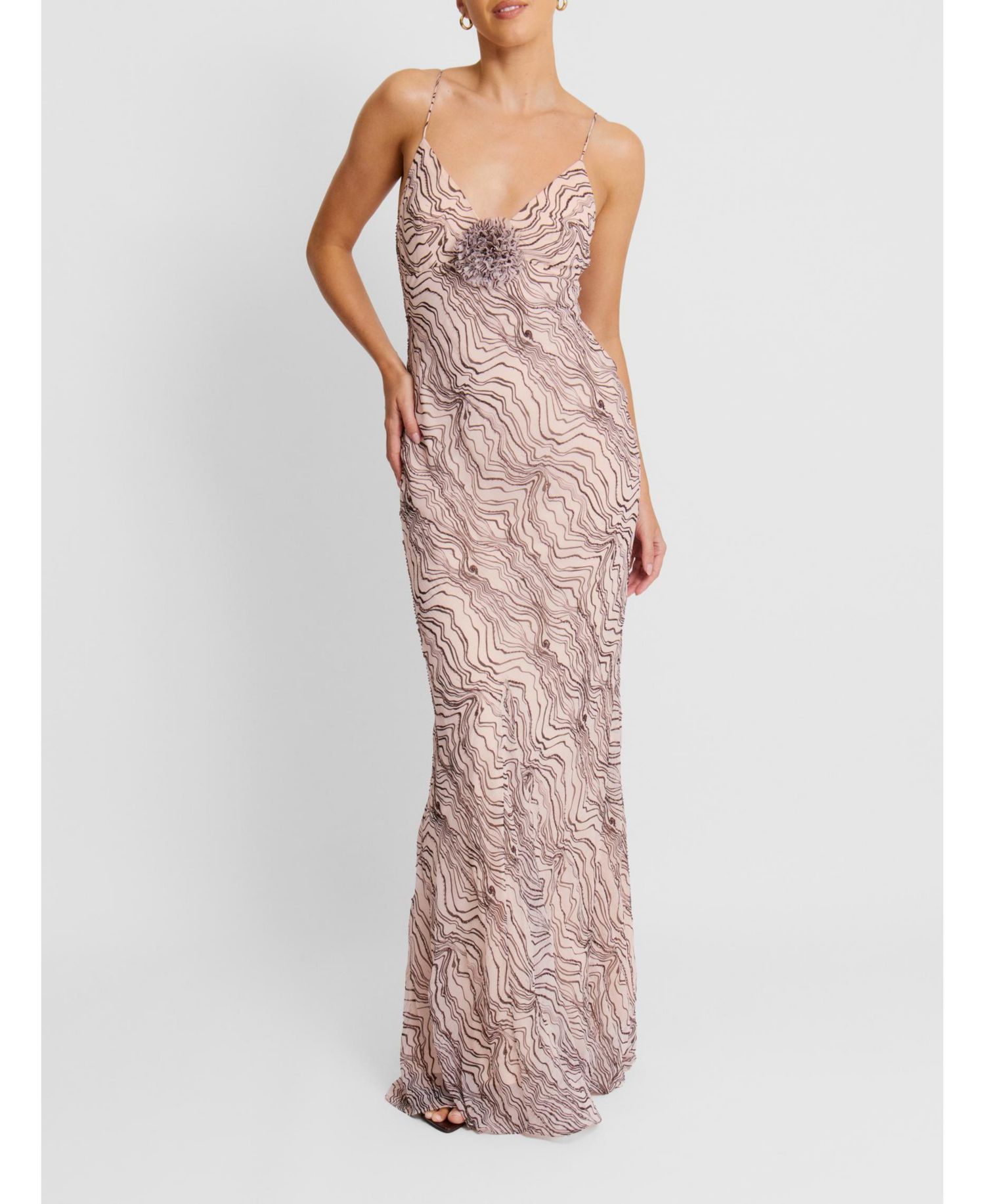 Women's Strappy Coursage Beaded Maxi Dress